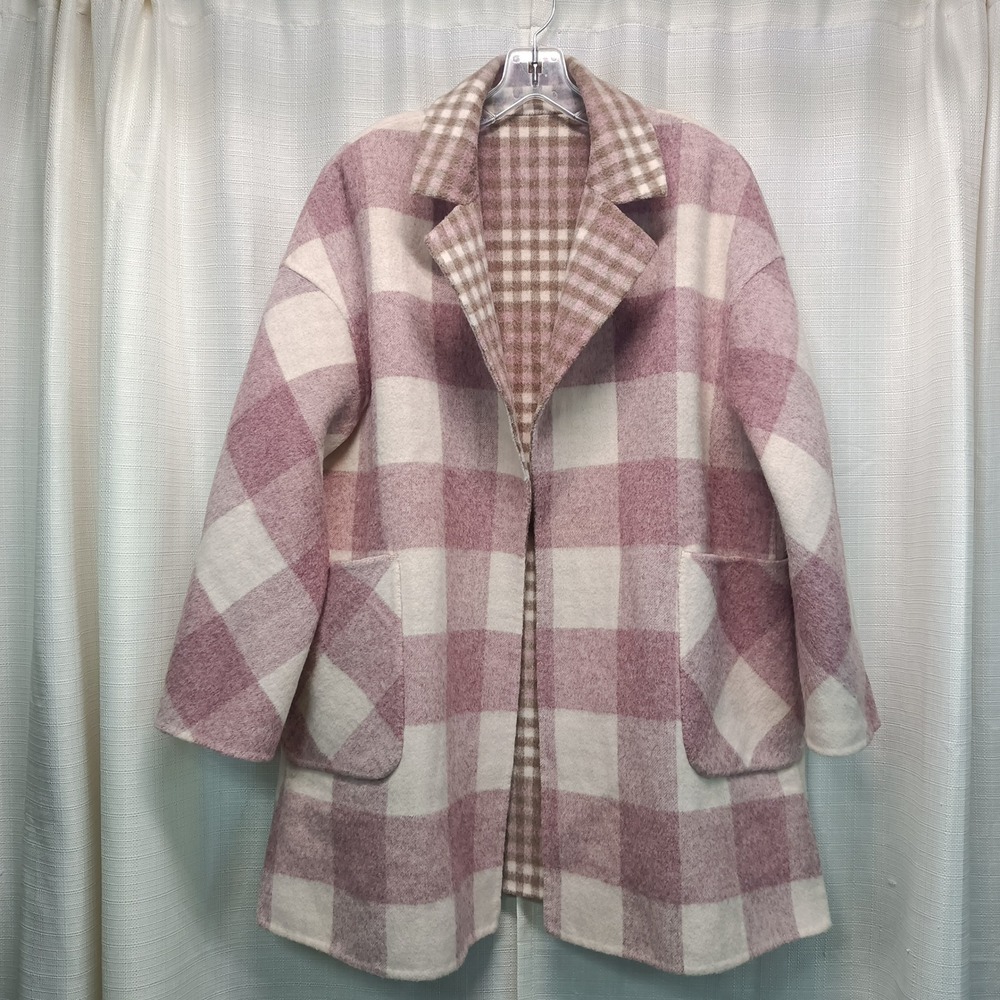 Oversized Mauve Pink Buffalo Plaid Reversible Wool Blend Coat Womens S‎ Gingham